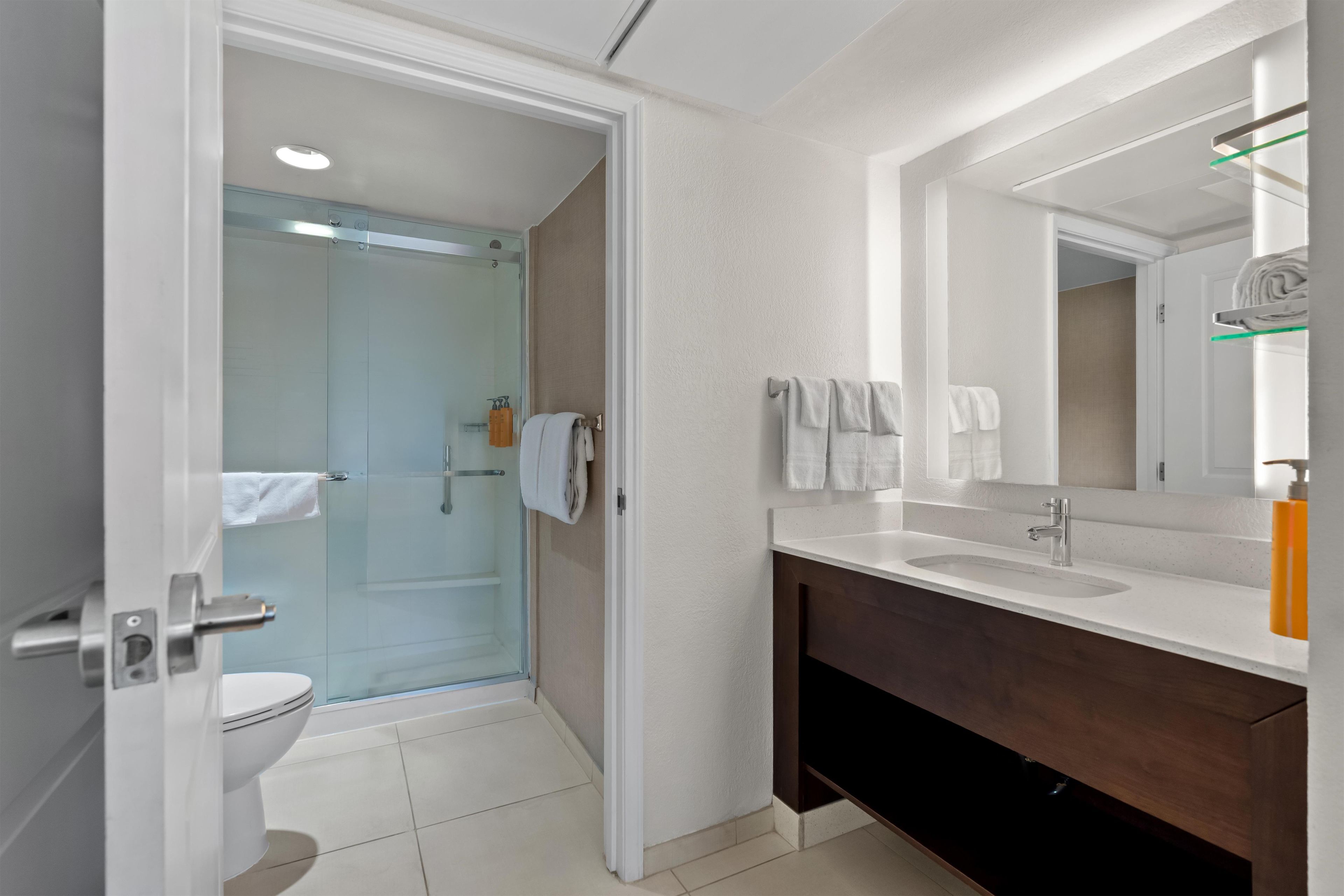 A modern bathroom with a glass shower, a white toilet, a vanity with a dark wood cabinet, and a large mirror.