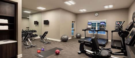 Un gimnasio con cintas de correr, elípticas, pesas libres y pelotas de ejercicio.