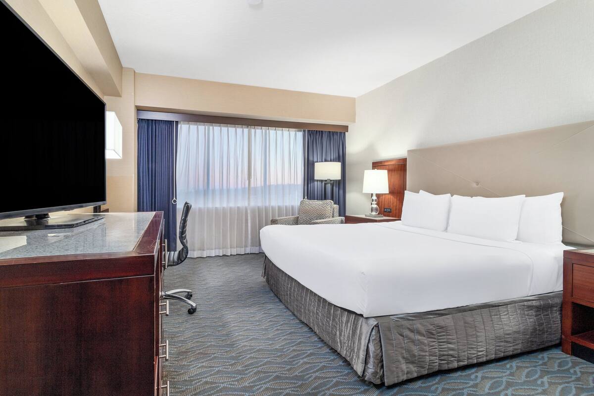 A hotel room with a large bed, a desk with a flat-screen TV, a chair, a nightstand with a lamp, and a view of the ocean through the window.