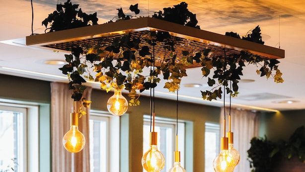 A modern interior with a round table, hanging light fixtures, and a potted plant.