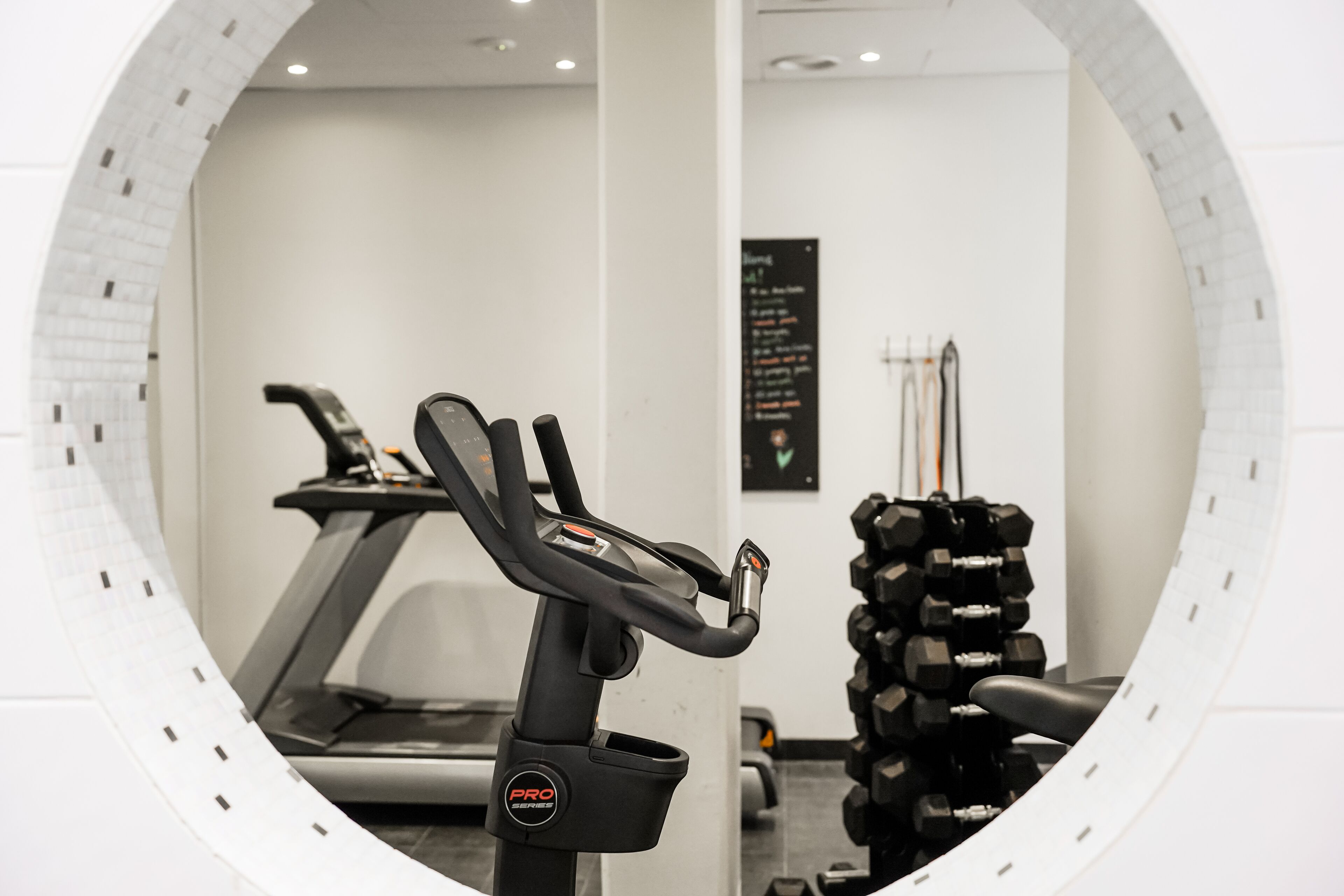 Un gimnasio con una máquina elíptica Pro Fitness, una cinta de correr y un estante con mancuernas.