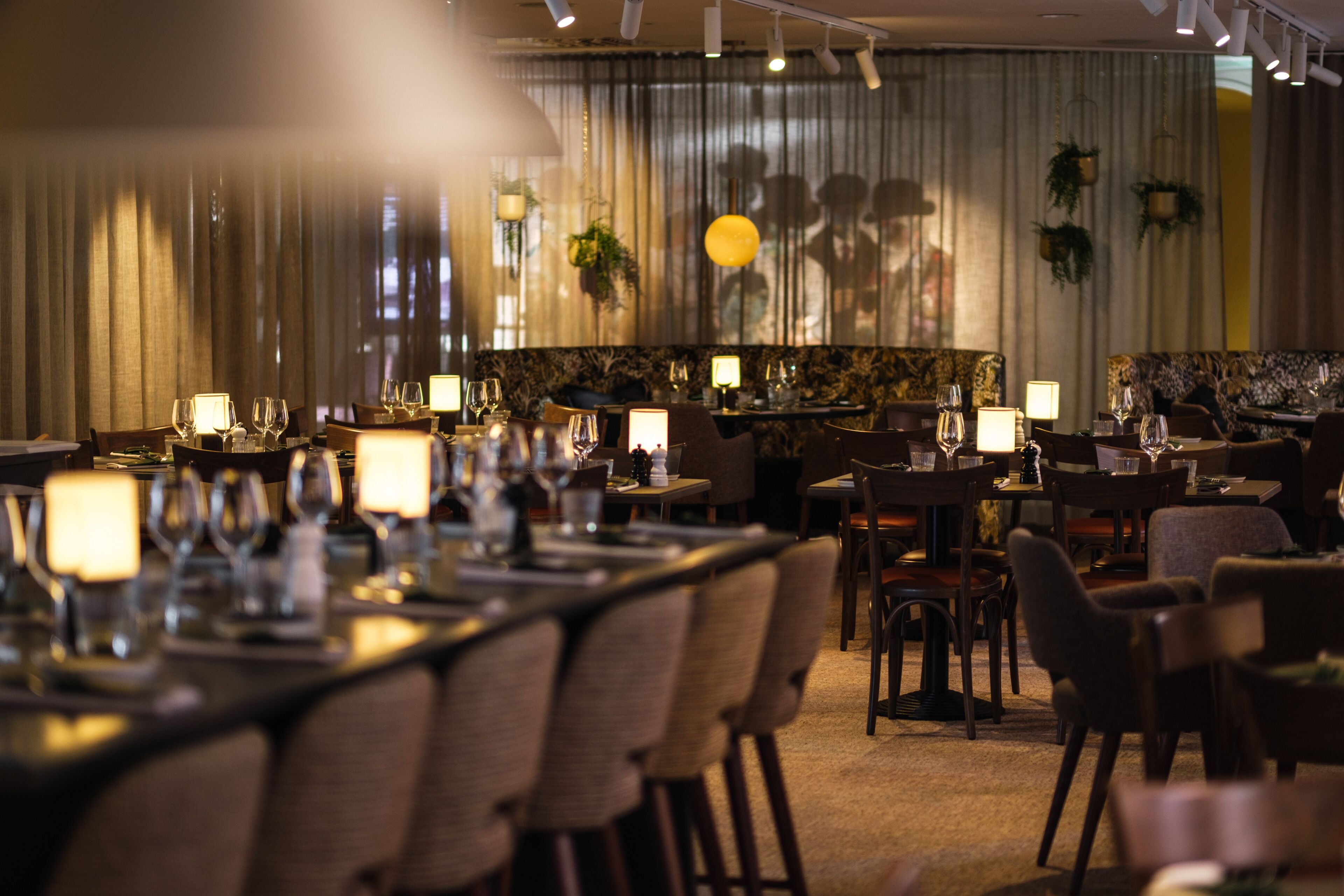 Een restaurant met gedekte tafels, stoelen en sfeerverlichting.