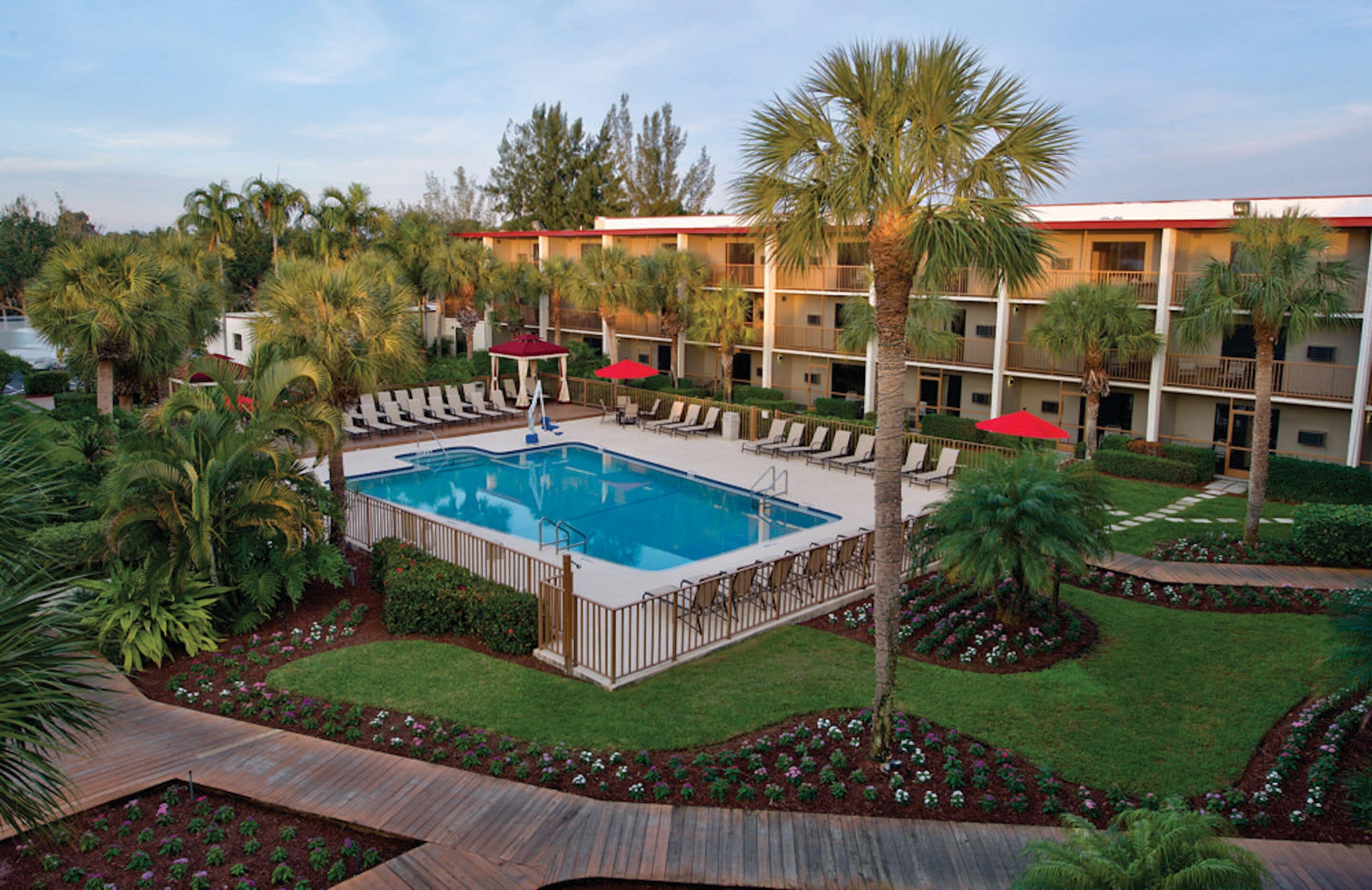 A hotel with a swimming pool surrounded by palm trees and lounge chairs.