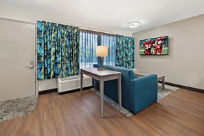 Desk, laptop workspace, blackout curtains, free WiFi