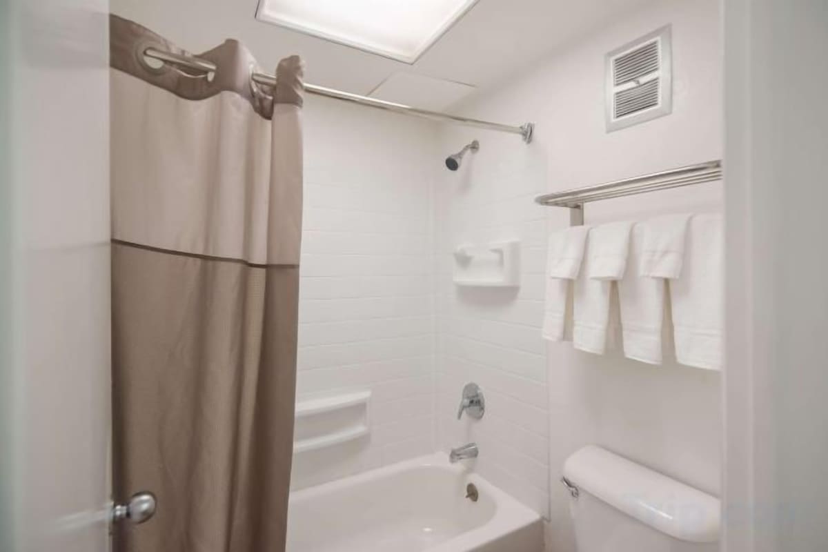 Combined shower/tub, free toiletries, hair dryer (on request), towels