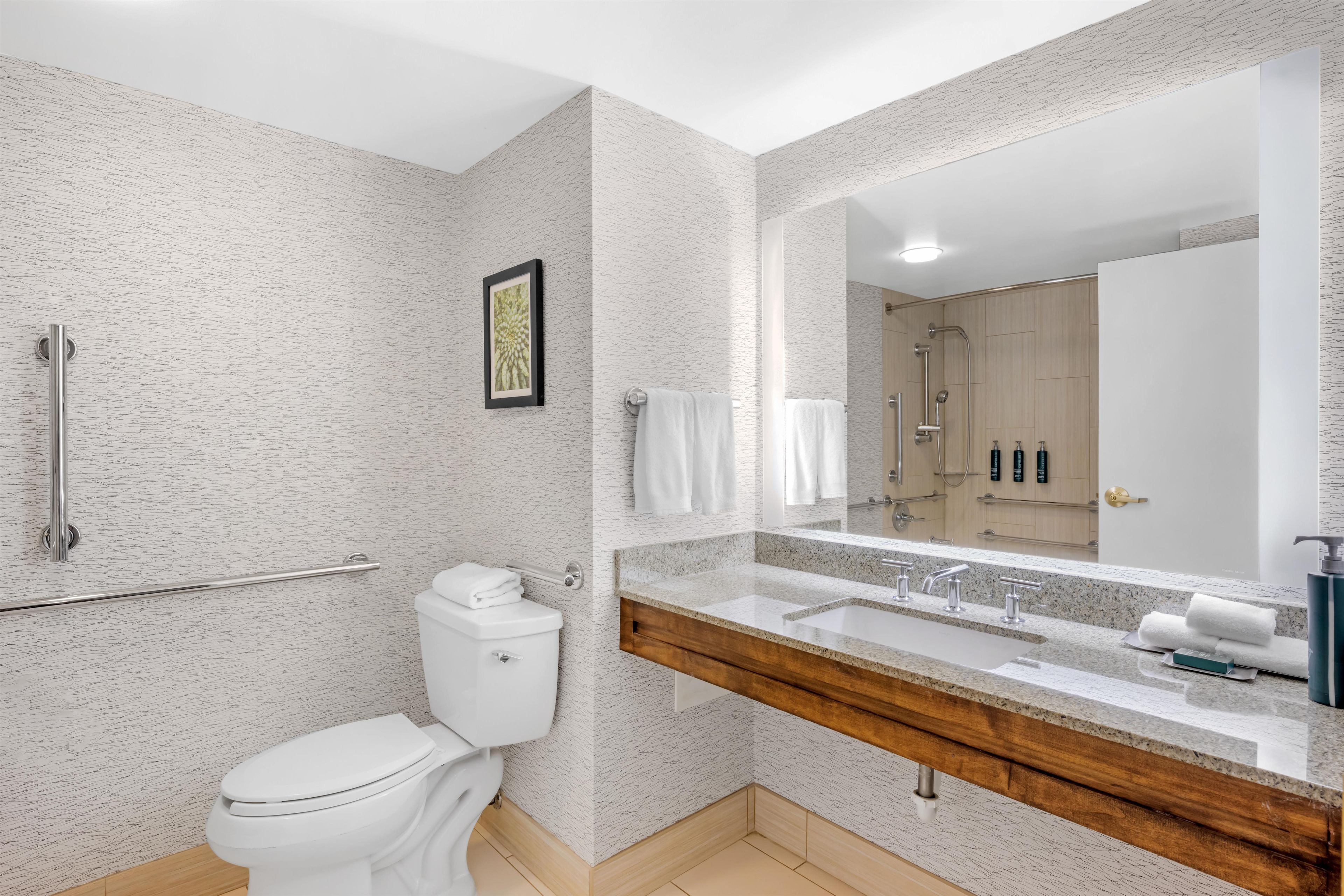 A modern bathroom with a toilet, a shower, and a vanity with a sink.