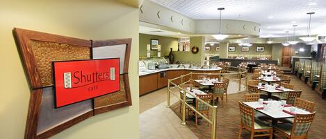 A Shutters Cafe with multiple dining tables and chairs, a kitchen area, and a ceiling with recessed lighting.