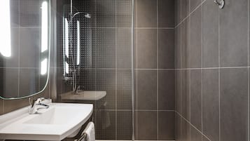 Shower, eco-friendly toiletries, hair dryer, towels