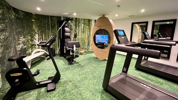A gym with cardio machines, weight equipment, and a TV screen. - Hôtel Mercure Strasbourg Centre Petite France (Strasbourg)