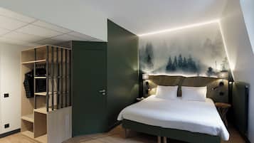 Premium bedding, laptop workspace, blackout curtains, iron/ironing board