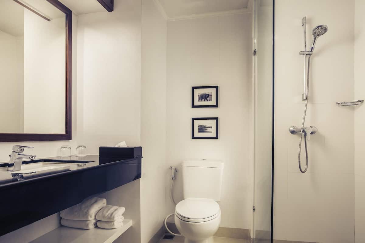 A modern bathroom with a sink, toilet, and shower. There are two framed pictures on the wall.