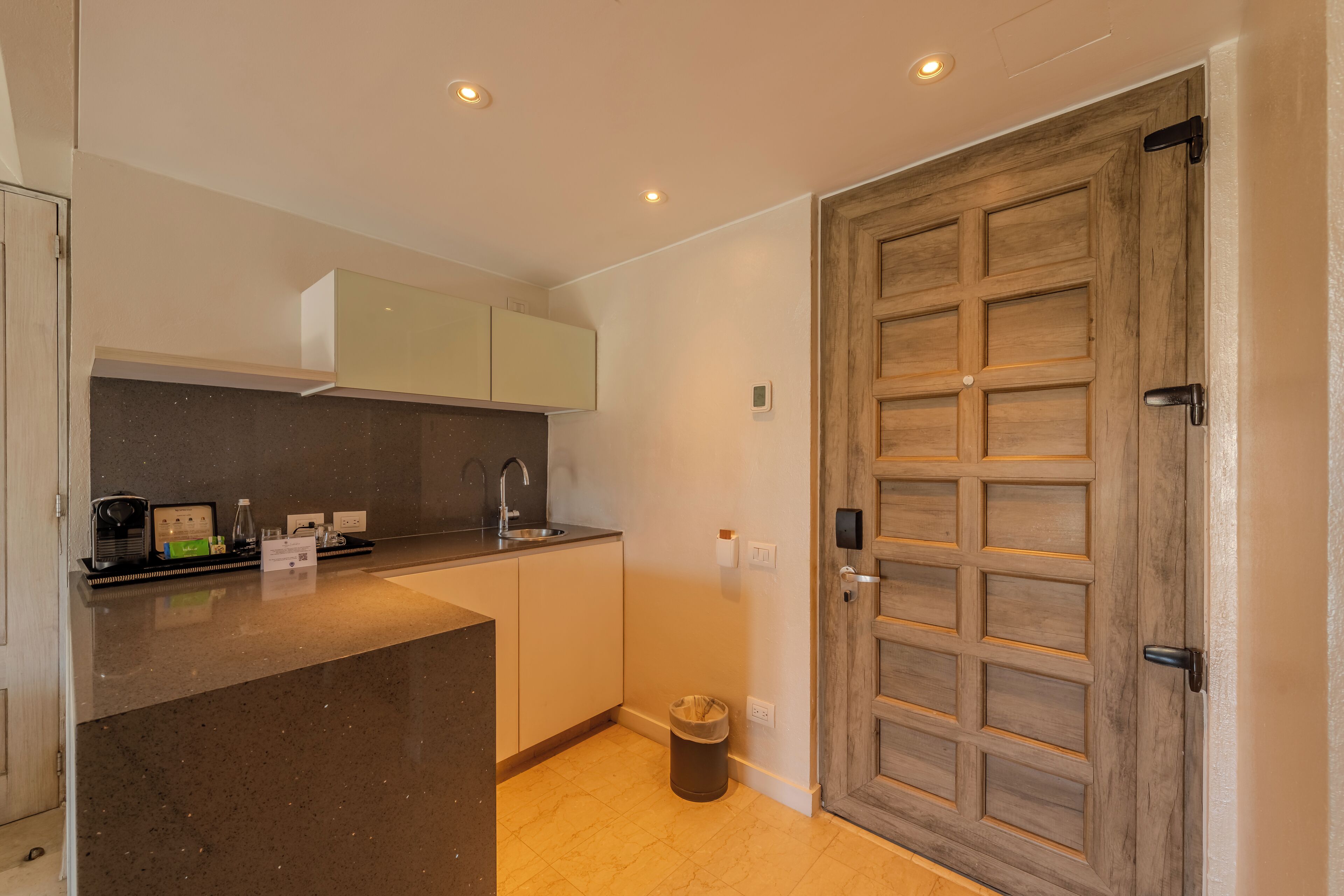 A compact kitchen with a dark countertop, a sink, and a trash bin. There is a wooden door with a grid pattern and a small window above it.