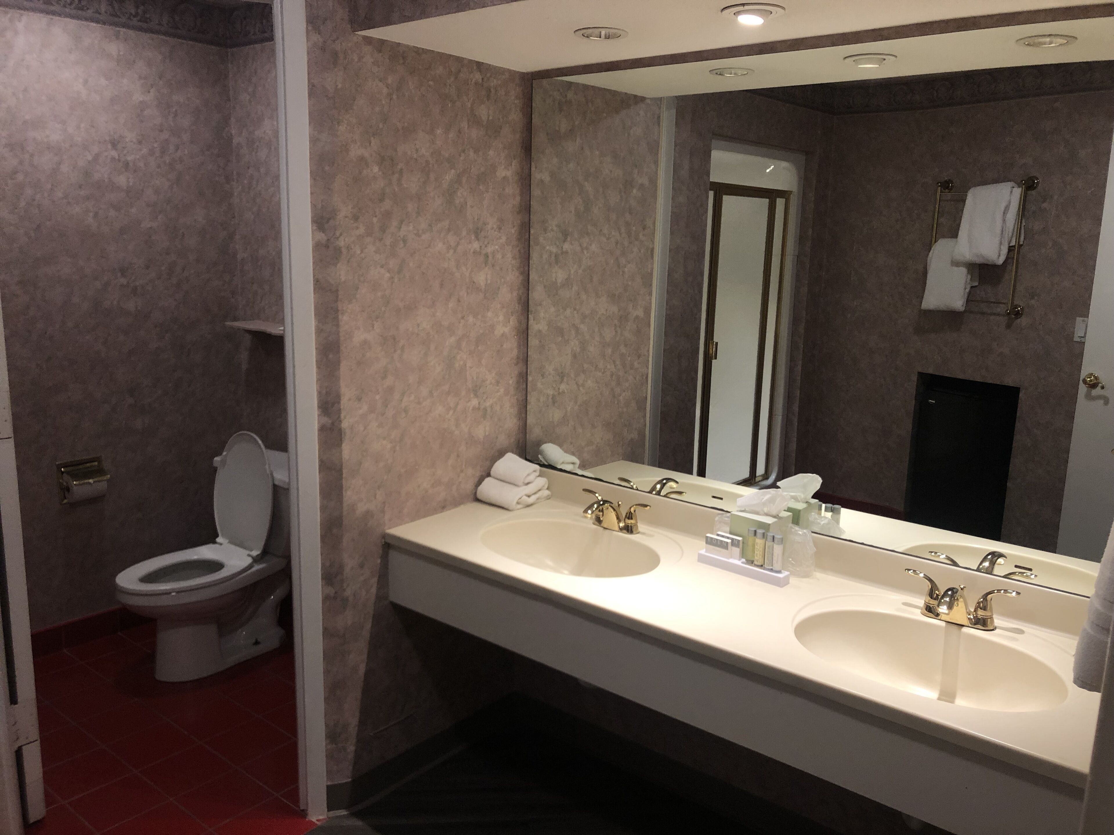 Un baño moderno con inodoro, dos lavamanos, un espejo grande y un perchero para toallas.