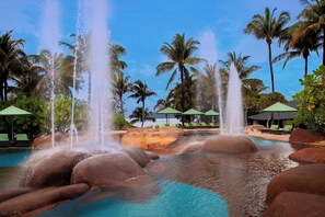 4 outdoor pools, open 7:00 AM to 8:00 PM, pool umbrellas, sun loungers