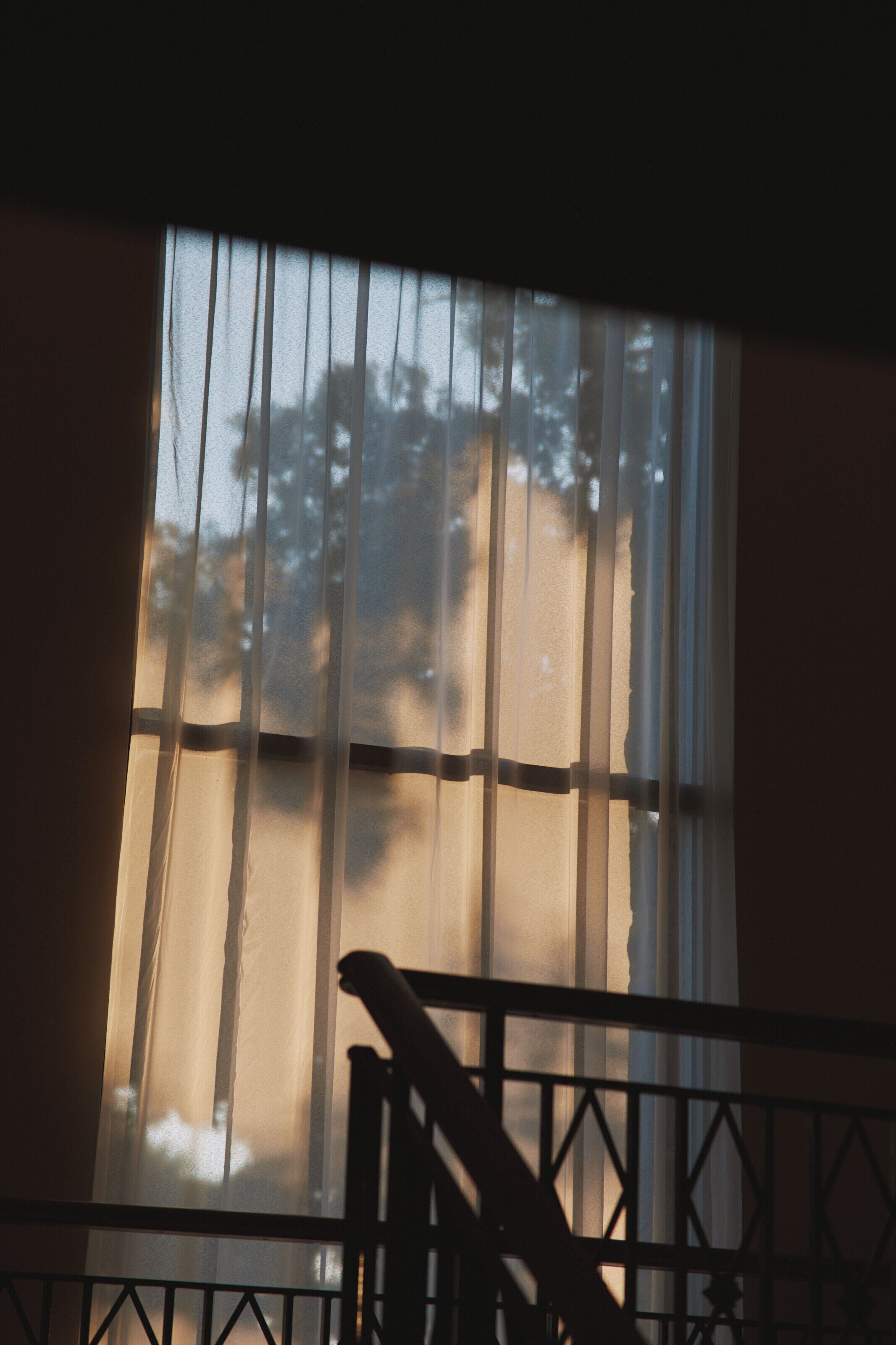 Ein Fenster mit vertikalen Jalousien, einem Geländer und Blick auf Bäume.