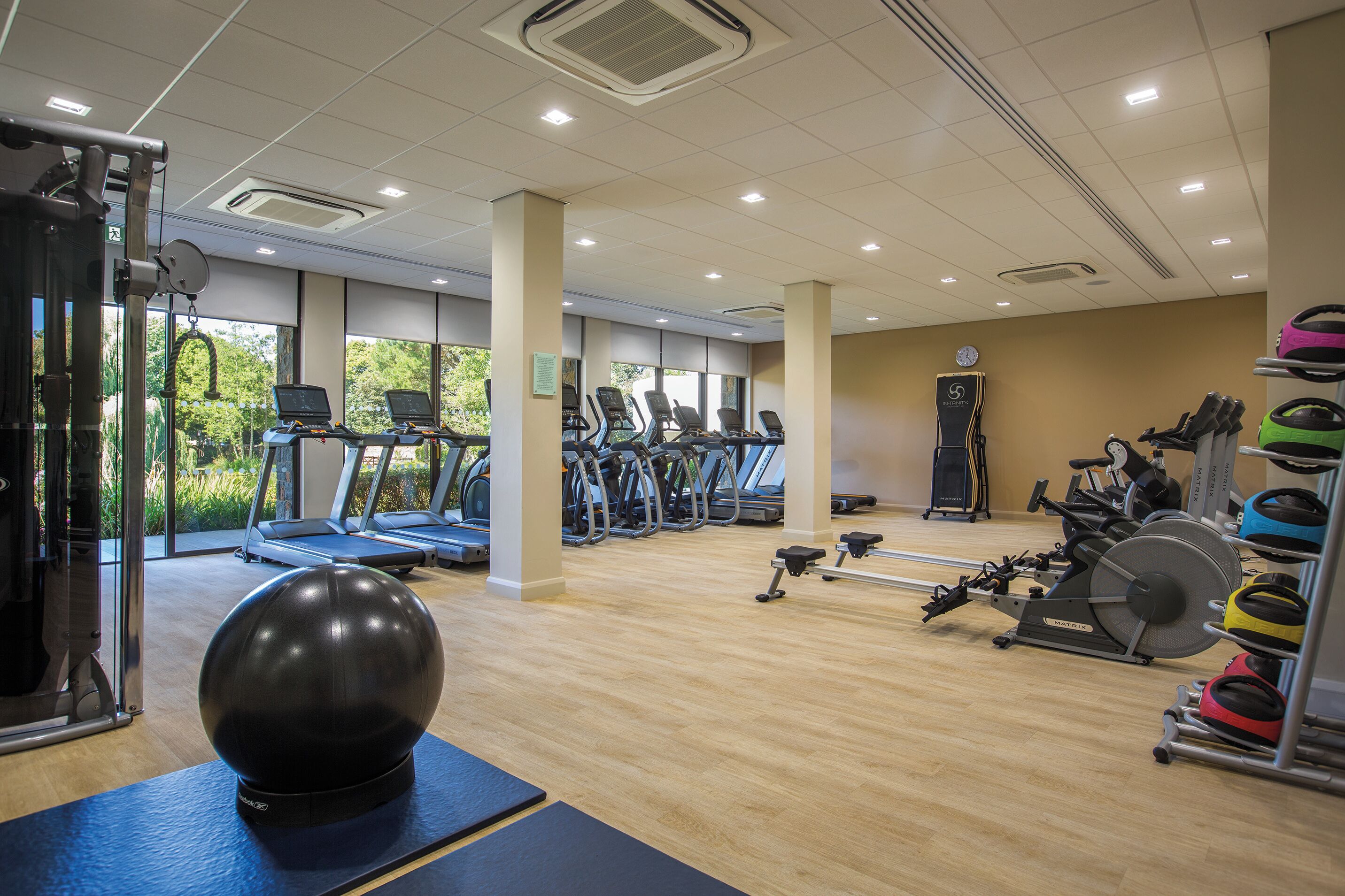 A gym with treadmills, elliptical machines, and exercise balls.
