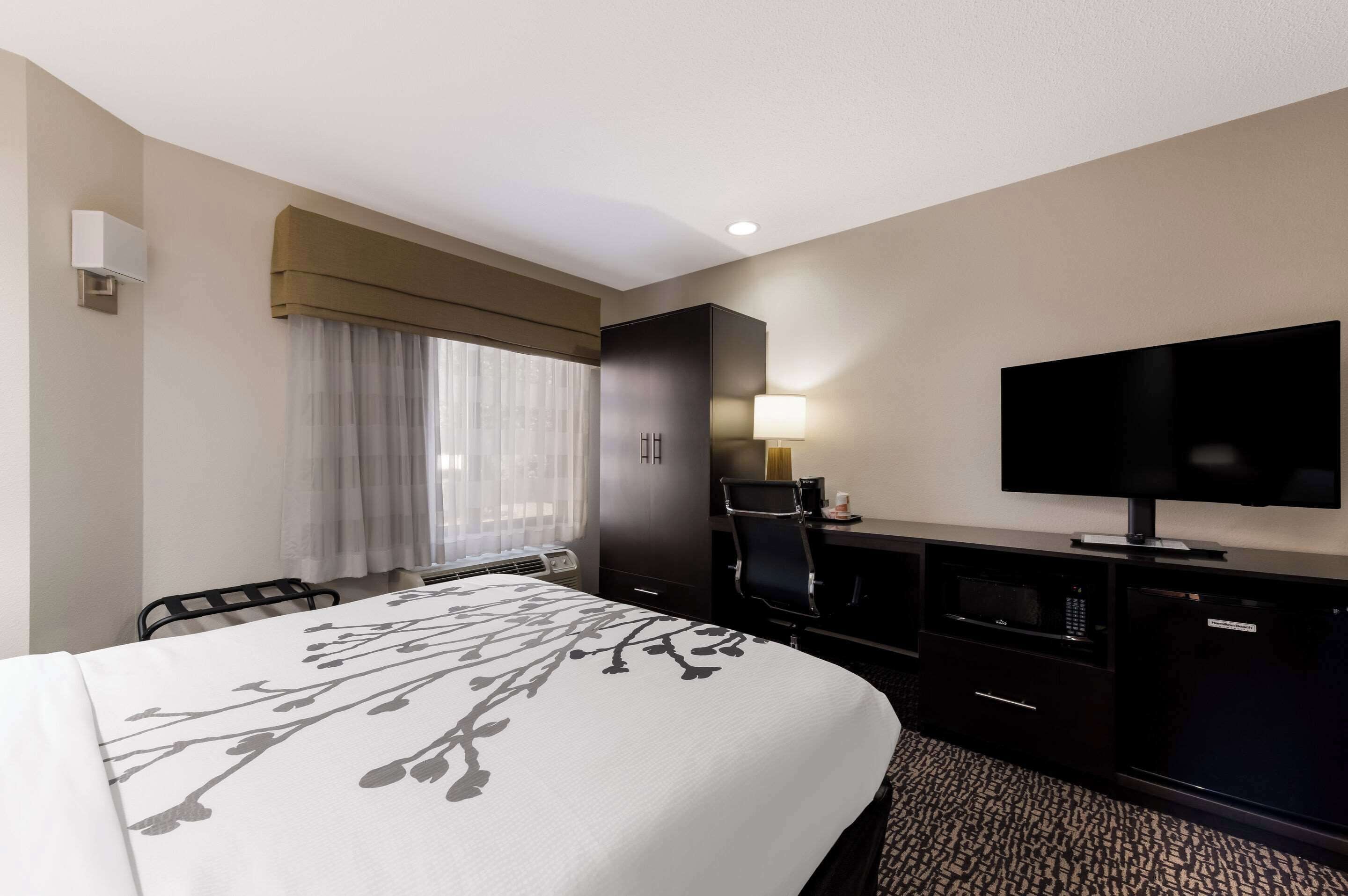 A hotel room with a large bed, a desk with a chair, a television, and a window with curtains.