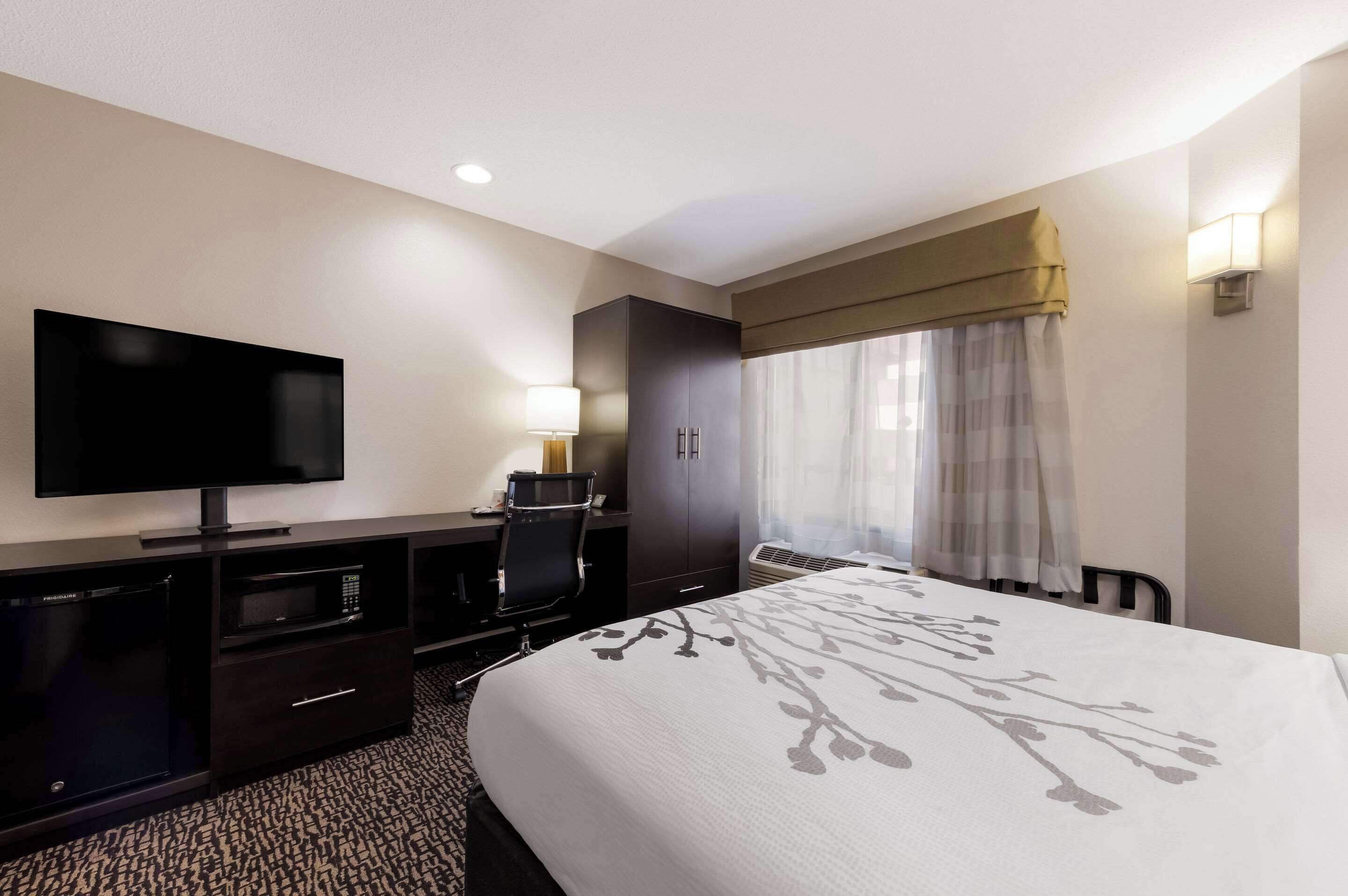 Une chambre d’hôtel équipée d’une télévision à écran plat, d’un bureau avec une lampe, d’un lit recouvert d’une couvre-lit à motifs floraux, d’une armoire et d’une fenêtre avec des rideaux légers.