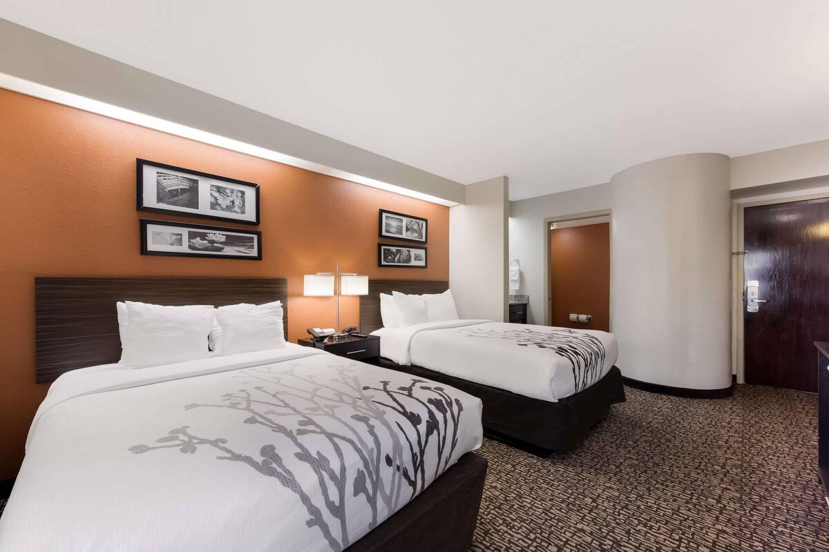 A hotel room with two beds, a nightstand with a lamp, a mirror, and framed pictures on the wall.