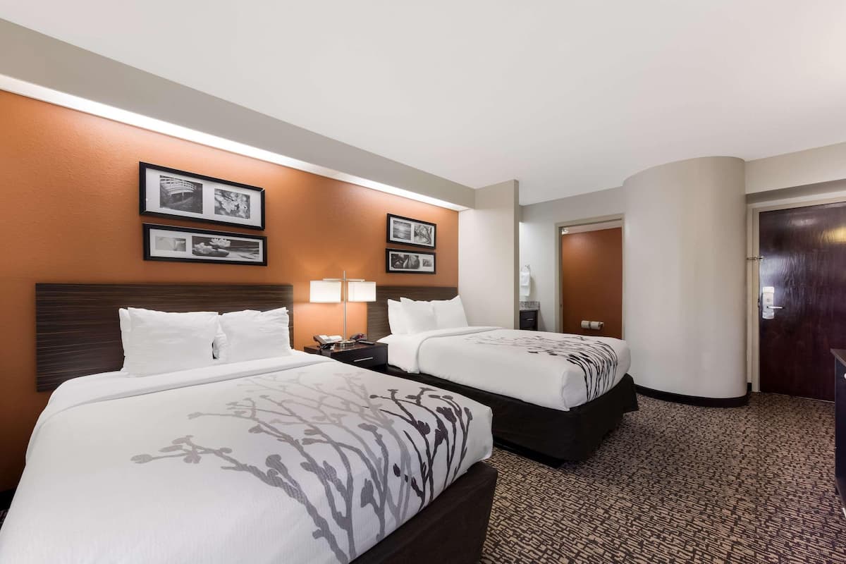 A hotel room with two beds, a nightstand with a lamp, a mirror, and framed pictures on the wall.