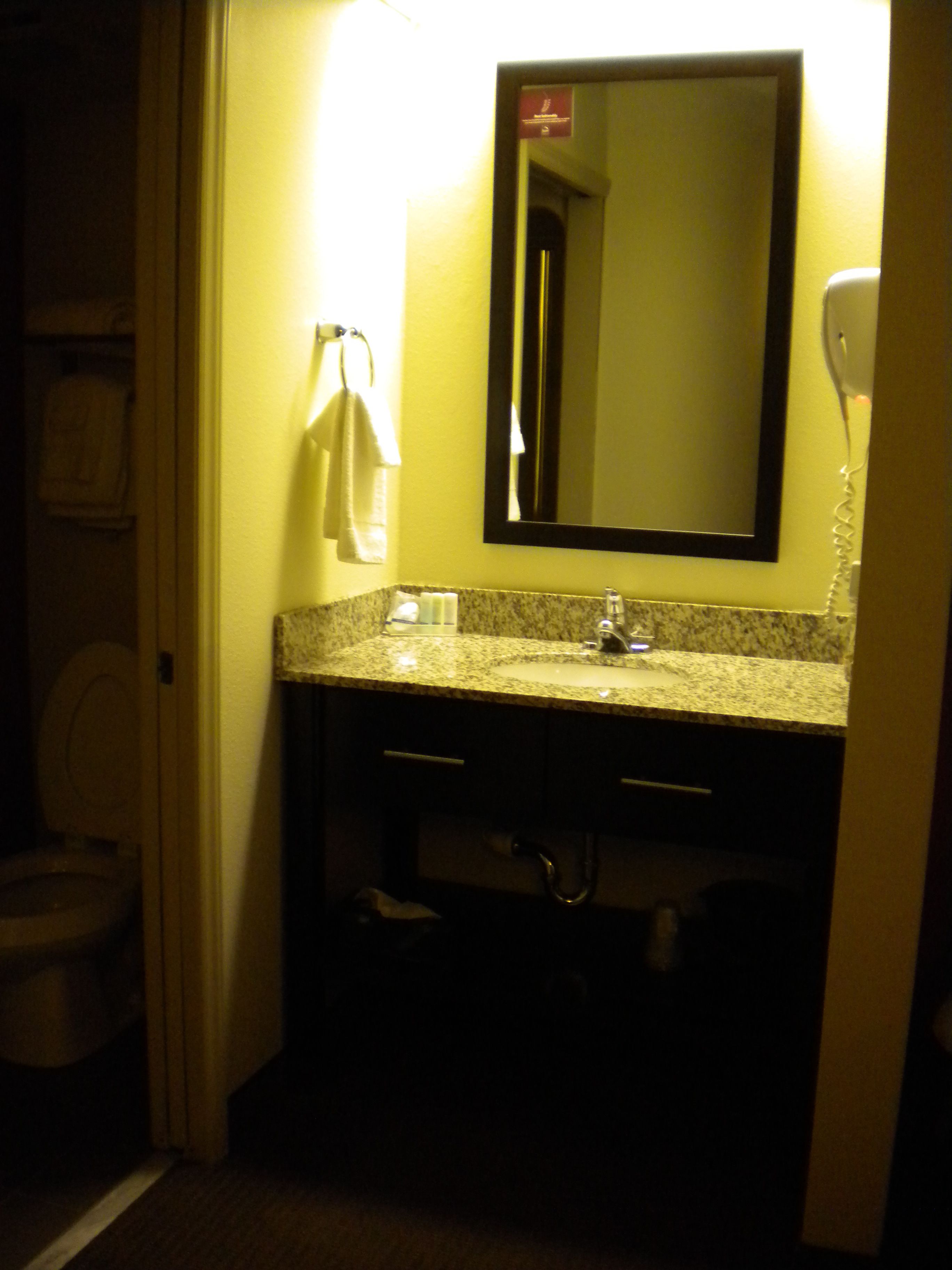 Un baño con encimera de granito, un espejo, una toalla colgada en la pared y un inodoro visible al fondo.
