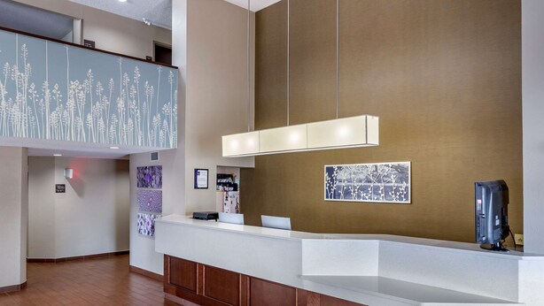 A reception area with a white counter, a large wall-mounted artwork, and a ceiling-mounted light fixture. - Sleep Inn Fayetteville I-95 (Fayetteville)