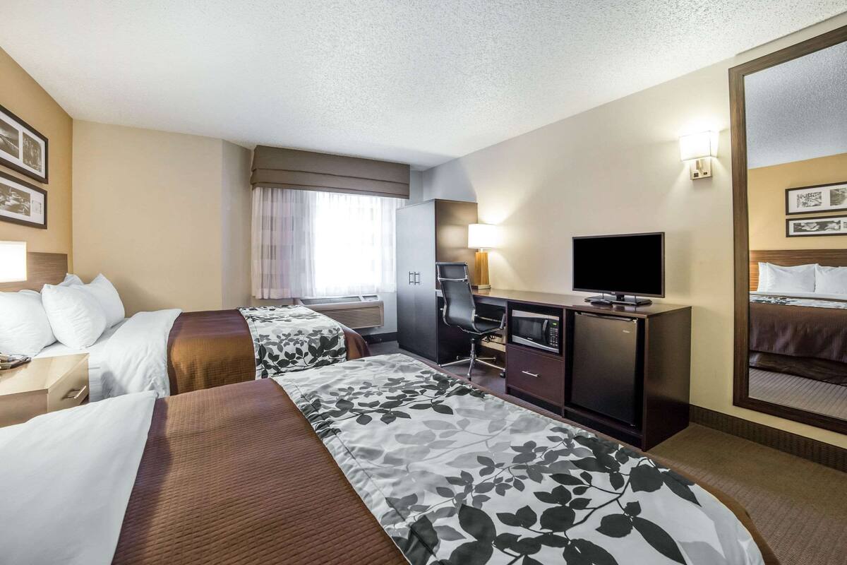 Una habitación de hotel con dos camas, un escritorio con televisor, un espejo y una ventana con cortinas.
