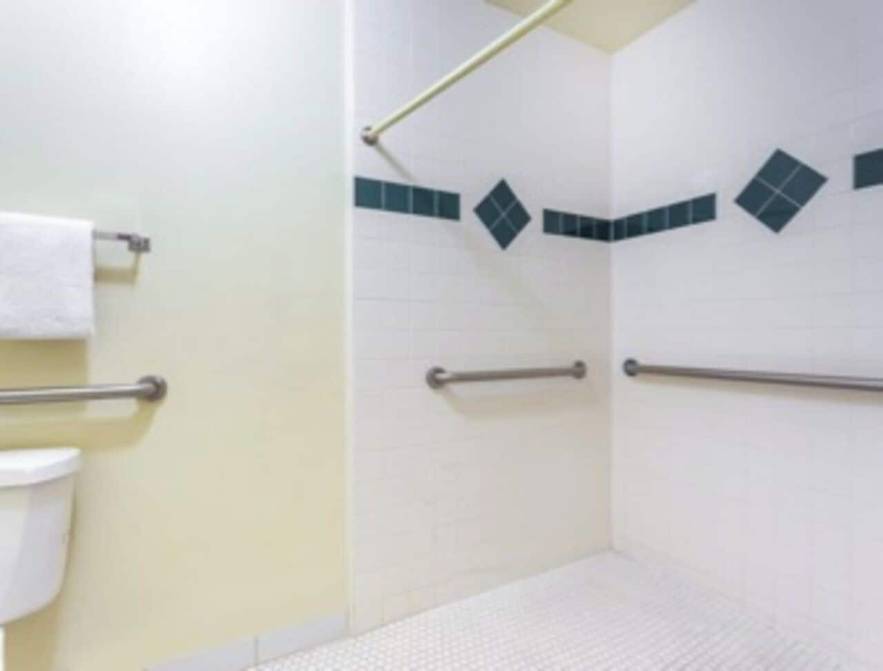A bathroom with a toilet, a shower with a grab bar, and a towel rack.
