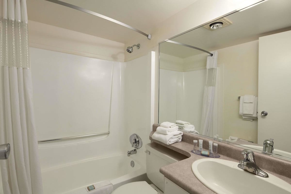 Combined shower/bathtub, free toiletries, hair dryer, towels