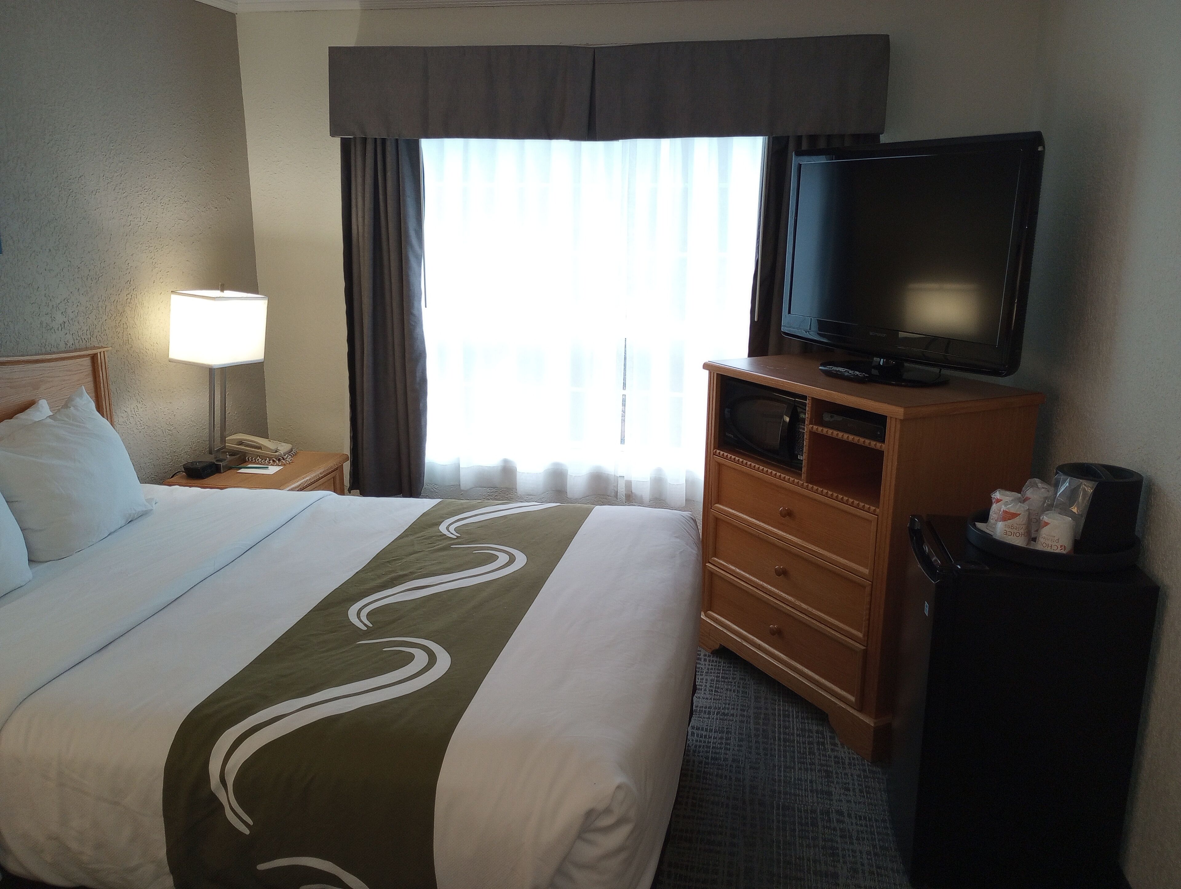 A hotel room with a bed, a television on a wooden cabinet, a lamp, and a trash bin.