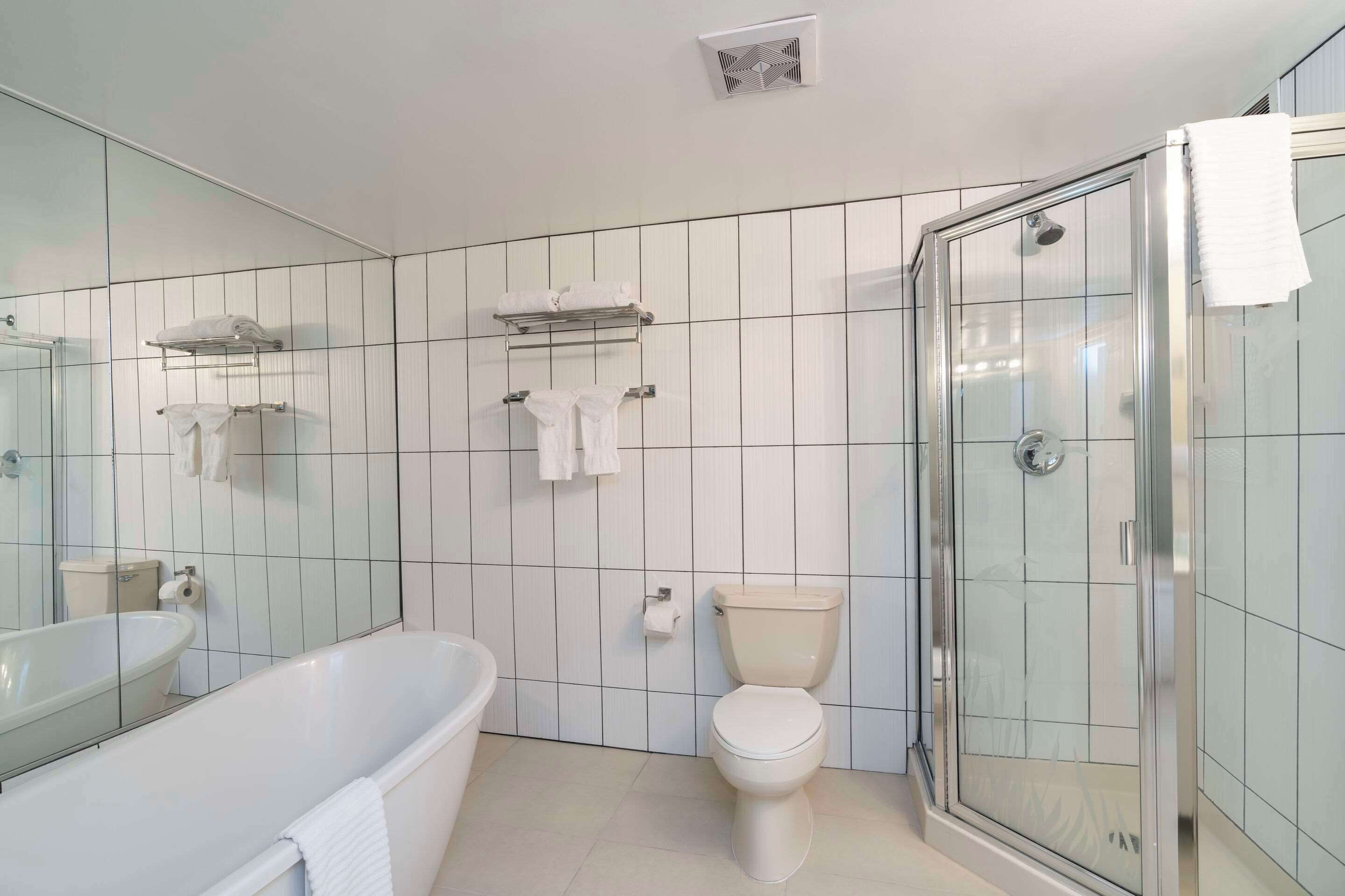 Um banheiro moderno com chuveiro em cabine de vidro, banheira branca e vaso sanitário.