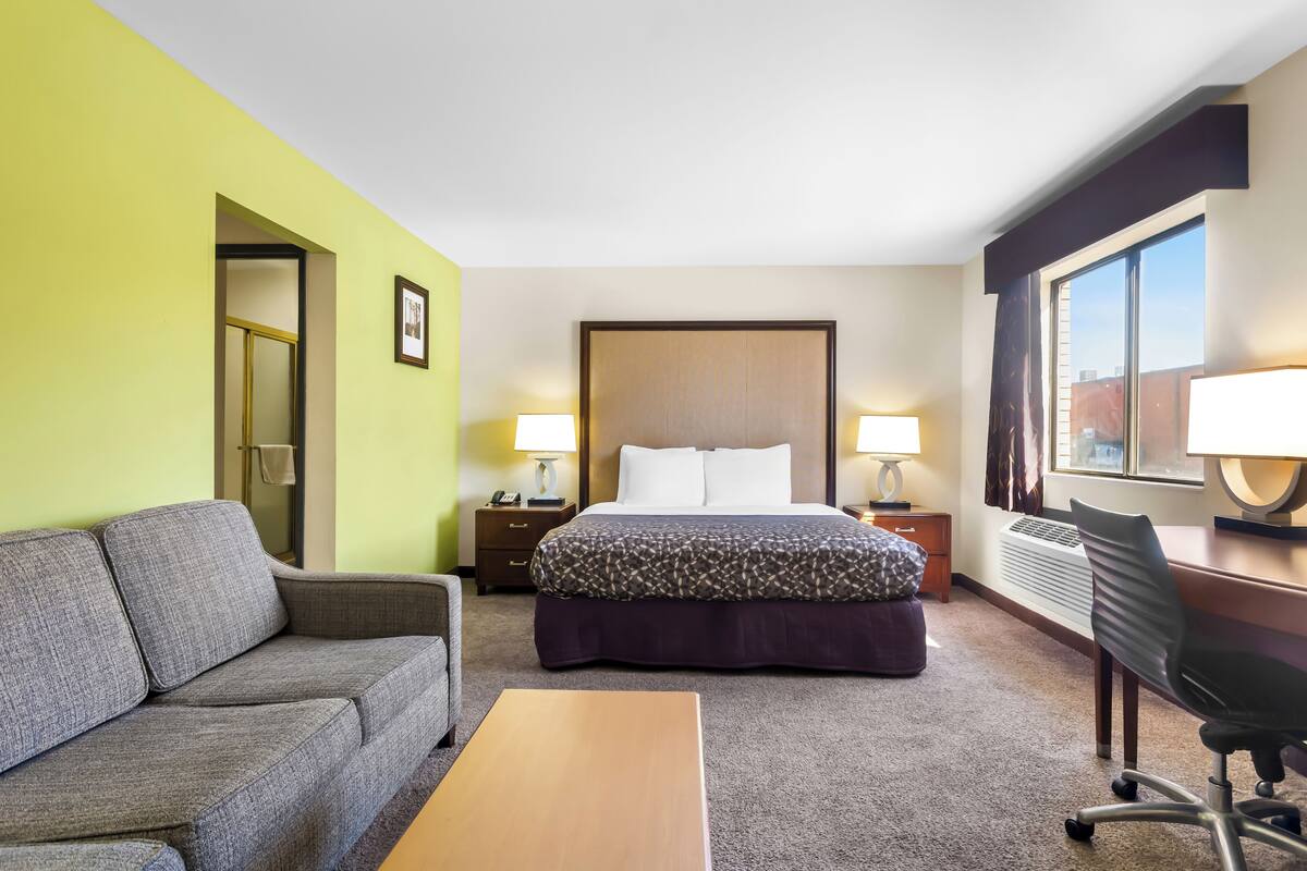 A hotel room with a bed, a desk, a chair, a sofa, and a nightstand with lamps.
