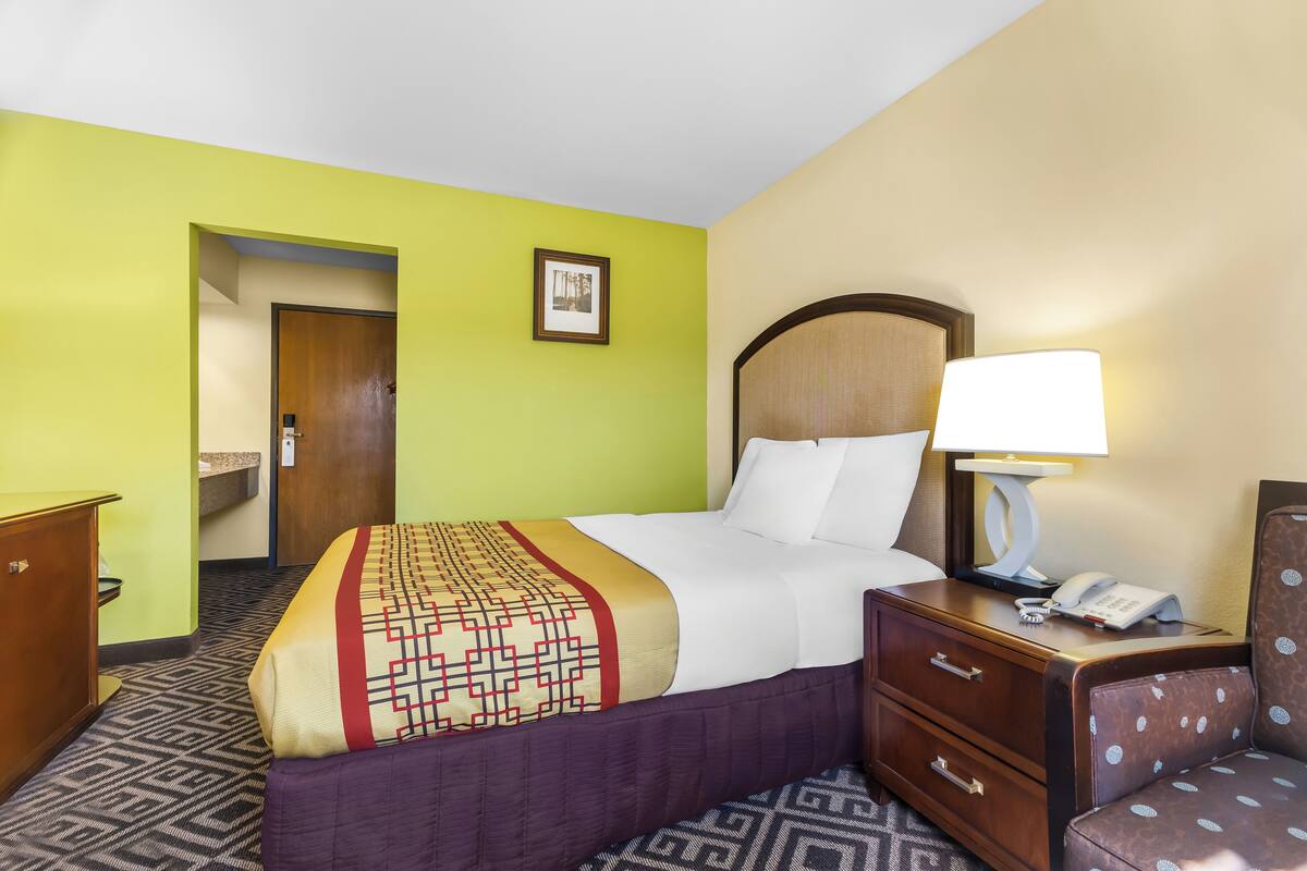 A hotel room with a bed, a nightstand, a chair, a desk, and a door.