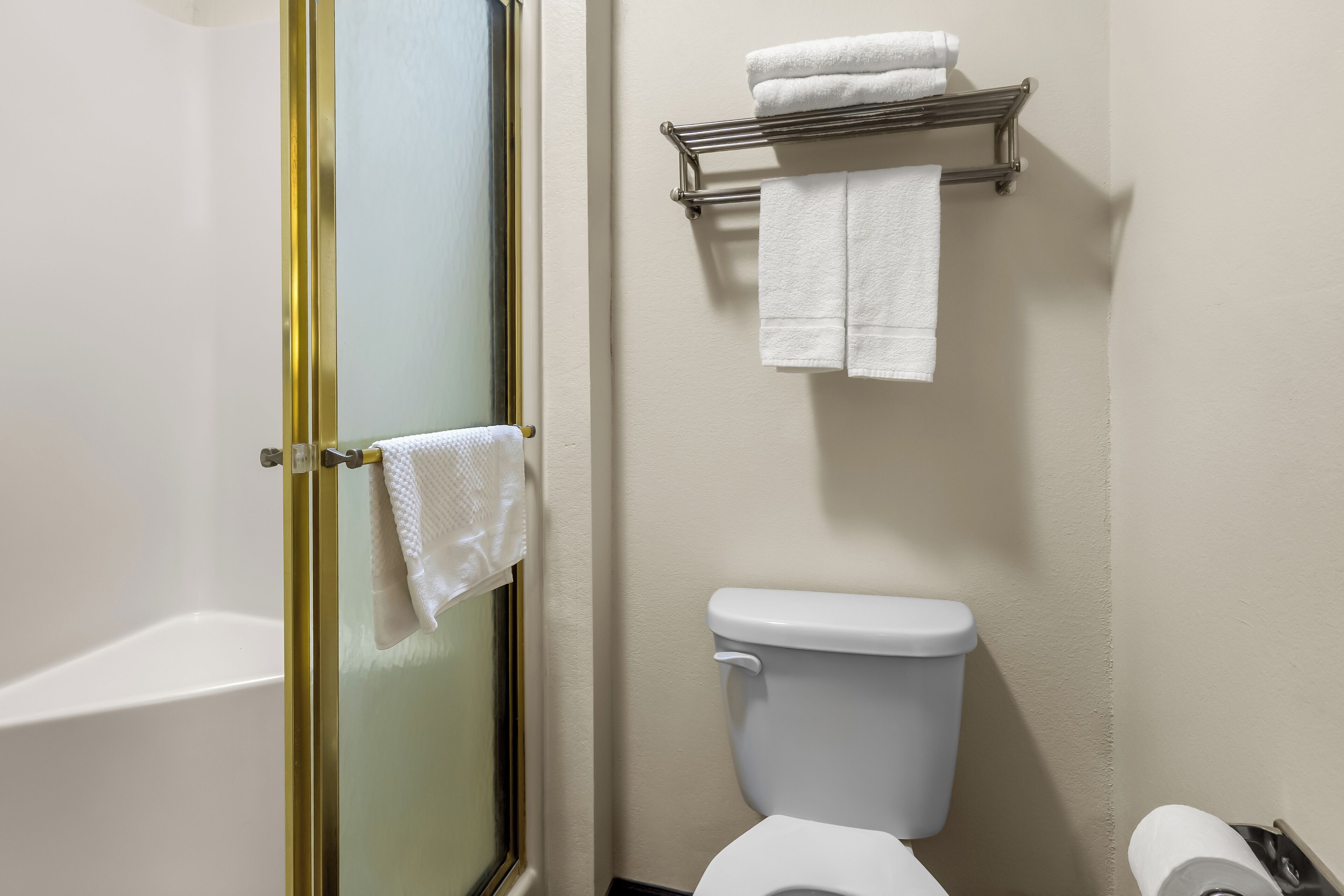 Combined shower/tub, free toiletries, towels
