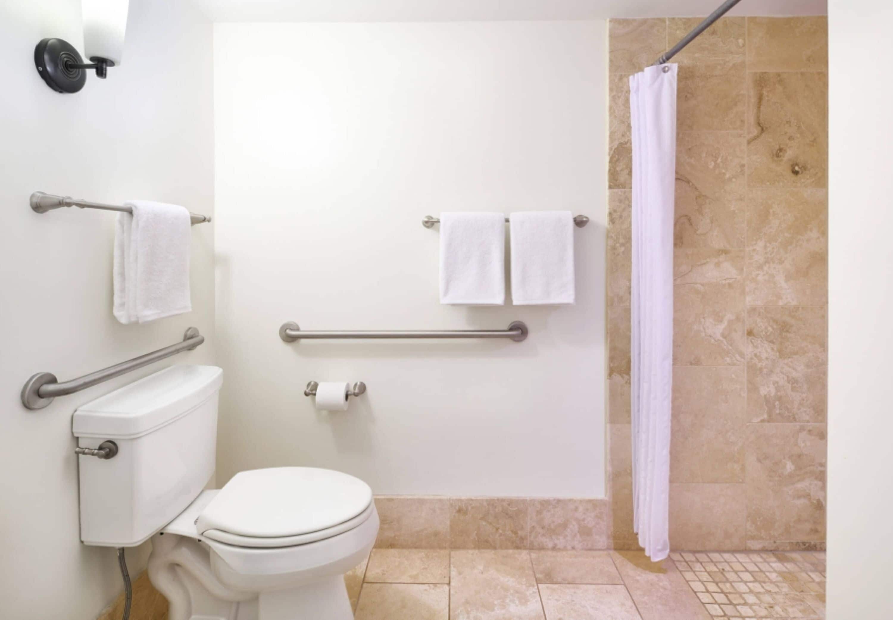 Un baño con inodoro, barras de apoyo, cortina de ducha y dos toallas en toalleros.