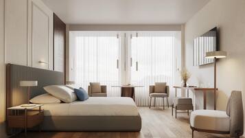 Minibar, pengeskab på værelset, skrivebord, lydisolering