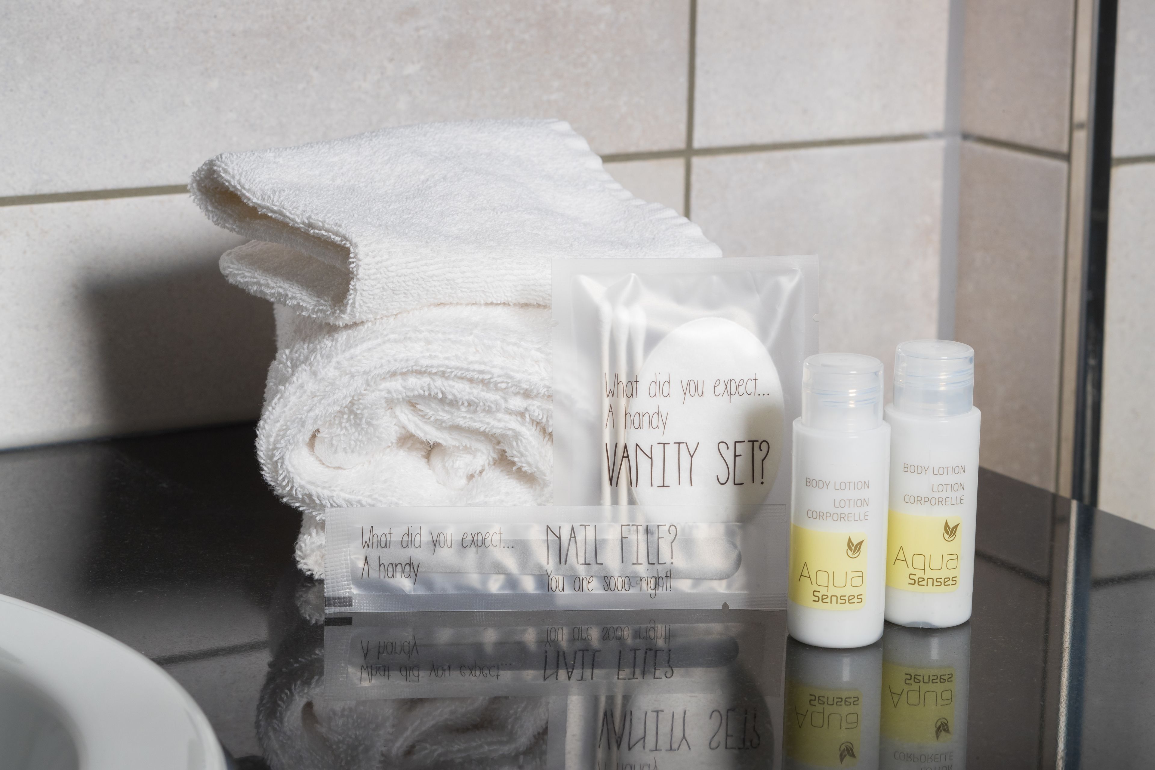 free toiletries, hair dryer, towels, soap