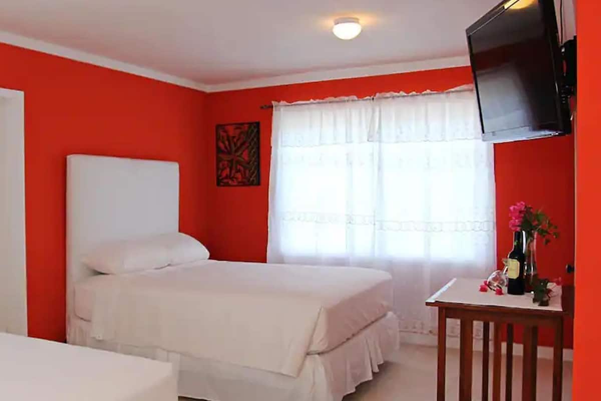 Una habitación con dos camas, un televisor montado en la pared y una mesita con una botella y flores.