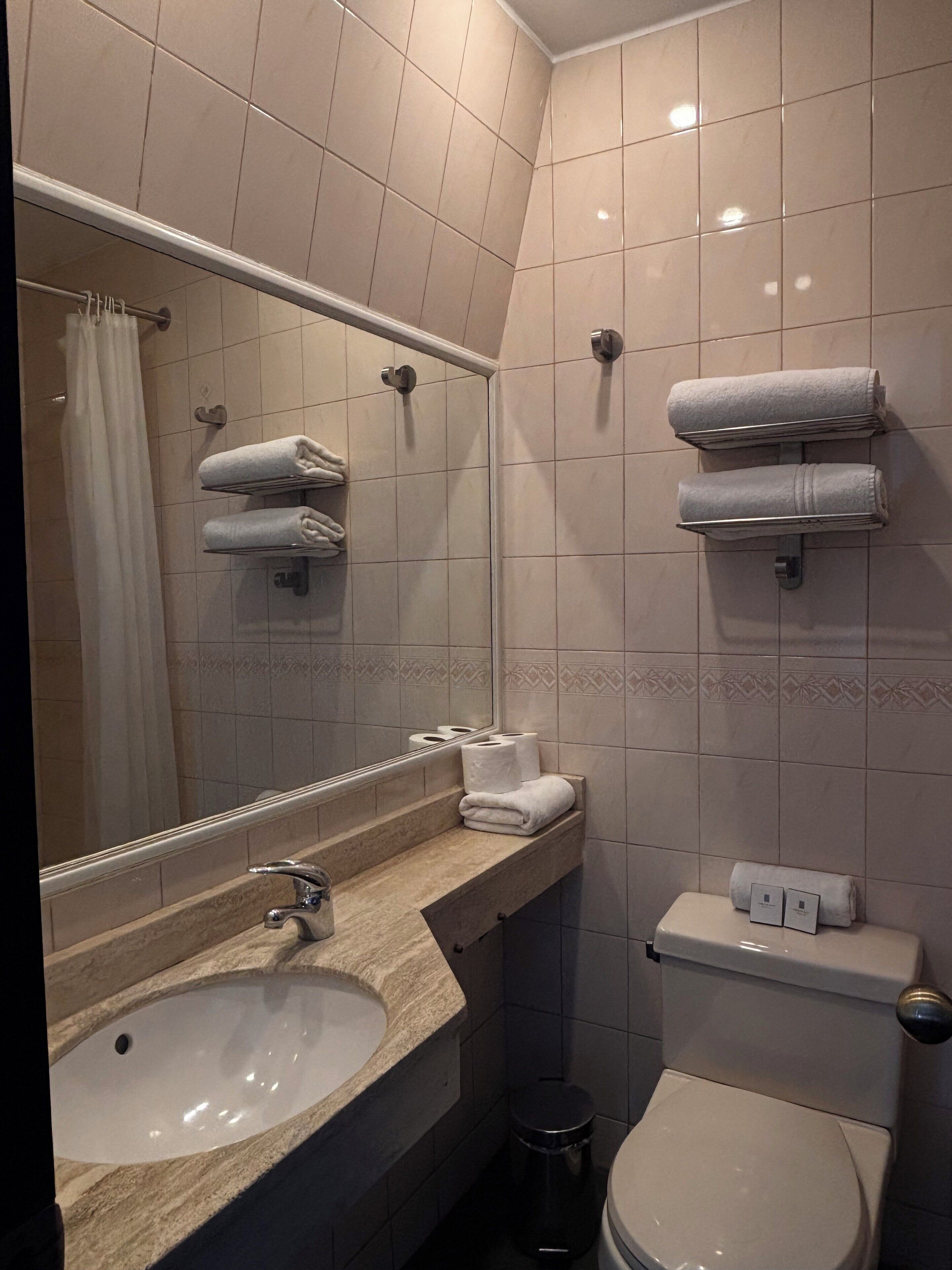 A modern bathroom with a sink, mirror, towel rack, toilet, and trash bin.