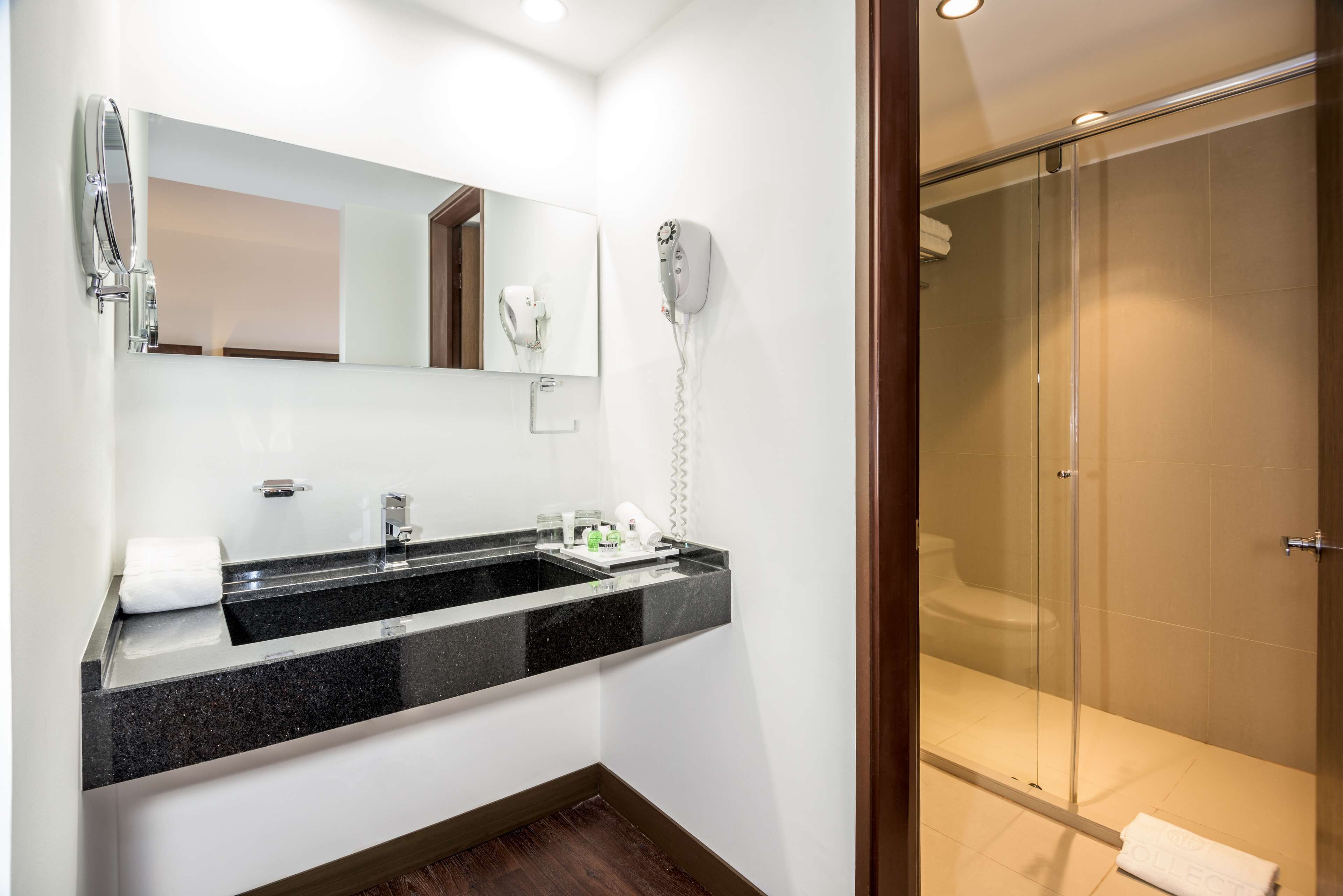 suite | bathroom | shower, designer toiletries, hair dryer, towels