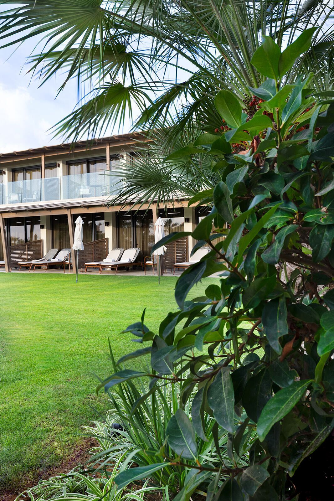 Een hotel met een overdekt terras, een verzorgd gazon en weelderige begroeiing.