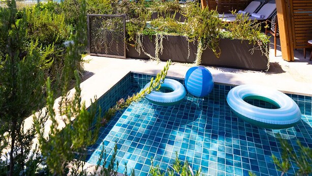 A pool area with a view of the ocean, surrounded by palm trees and a wooden pergola. - Dan Accadia Hotel (Herzliya)