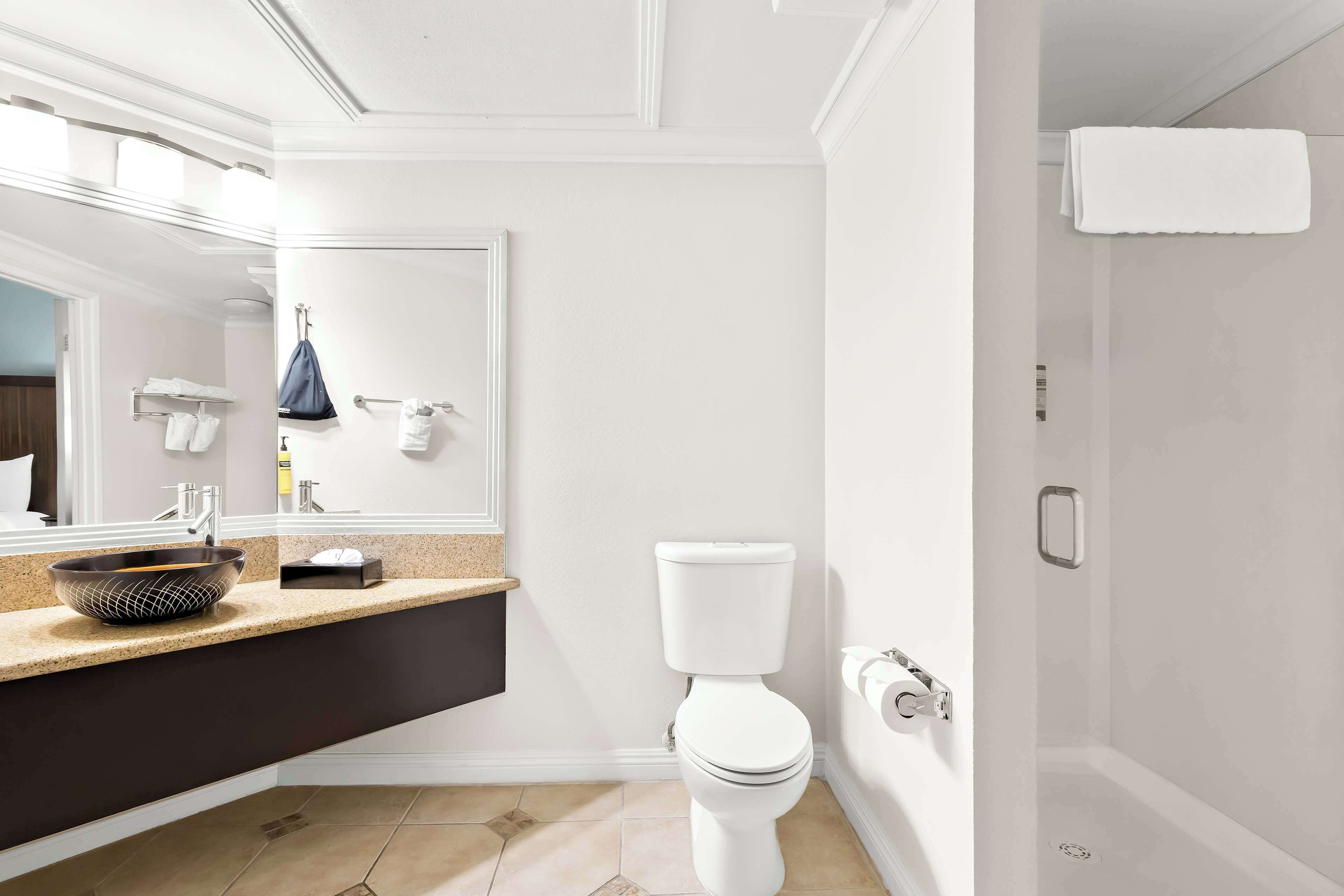 combined shower/bathtub, deep-soaking bathtub, free toiletries