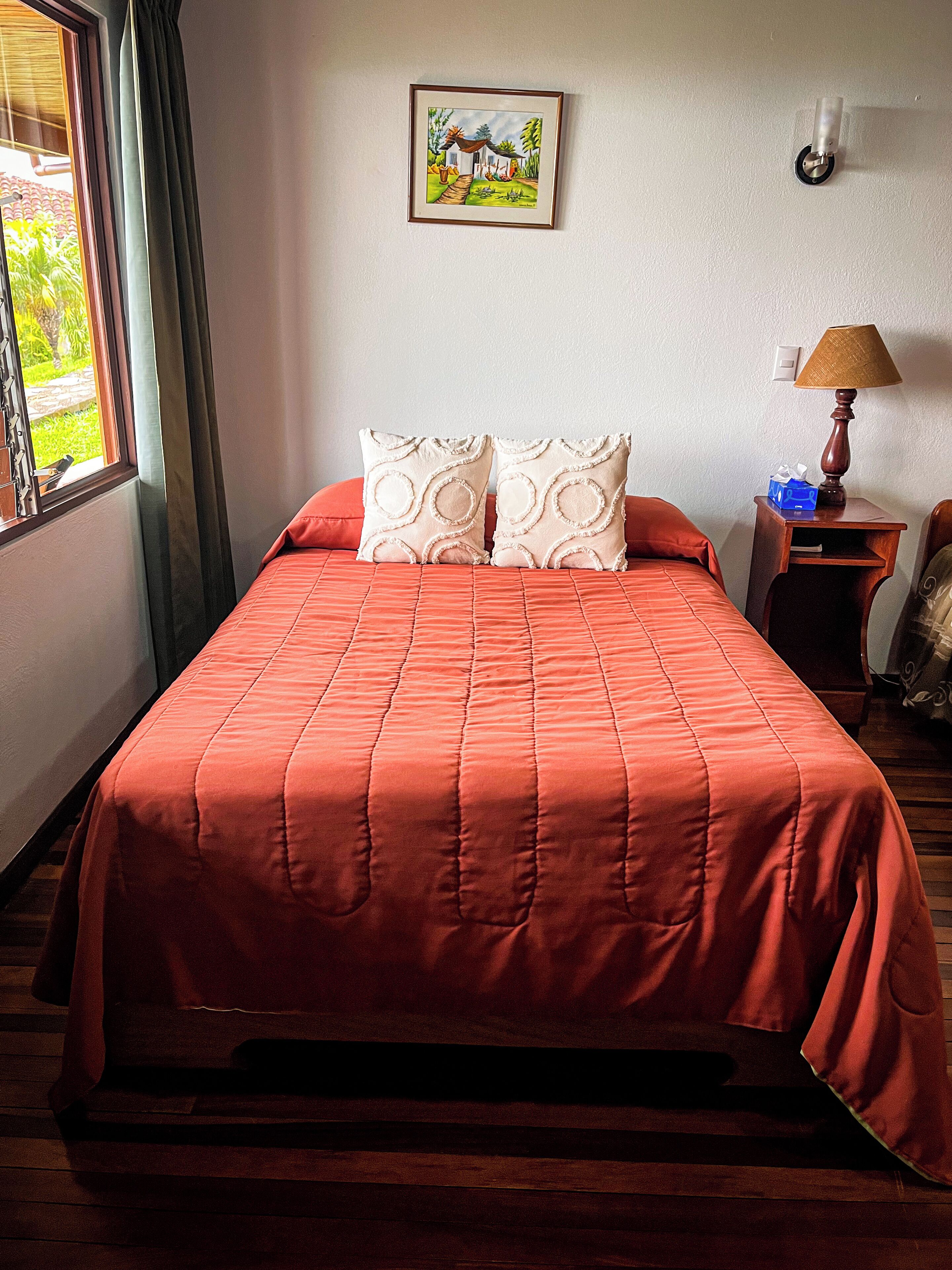 A bed with a red bedspread, two decorative pillows, a framed picture on the wall, a nightstand with a lamp, and a window with curtains.