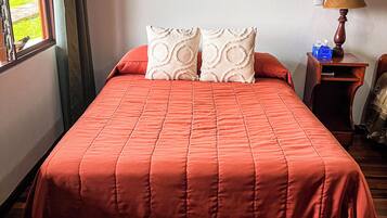 A bed with a red bedspread, two decorative pillows, a framed picture on the wall, a nightstand with a lamp, and a window with curtains.