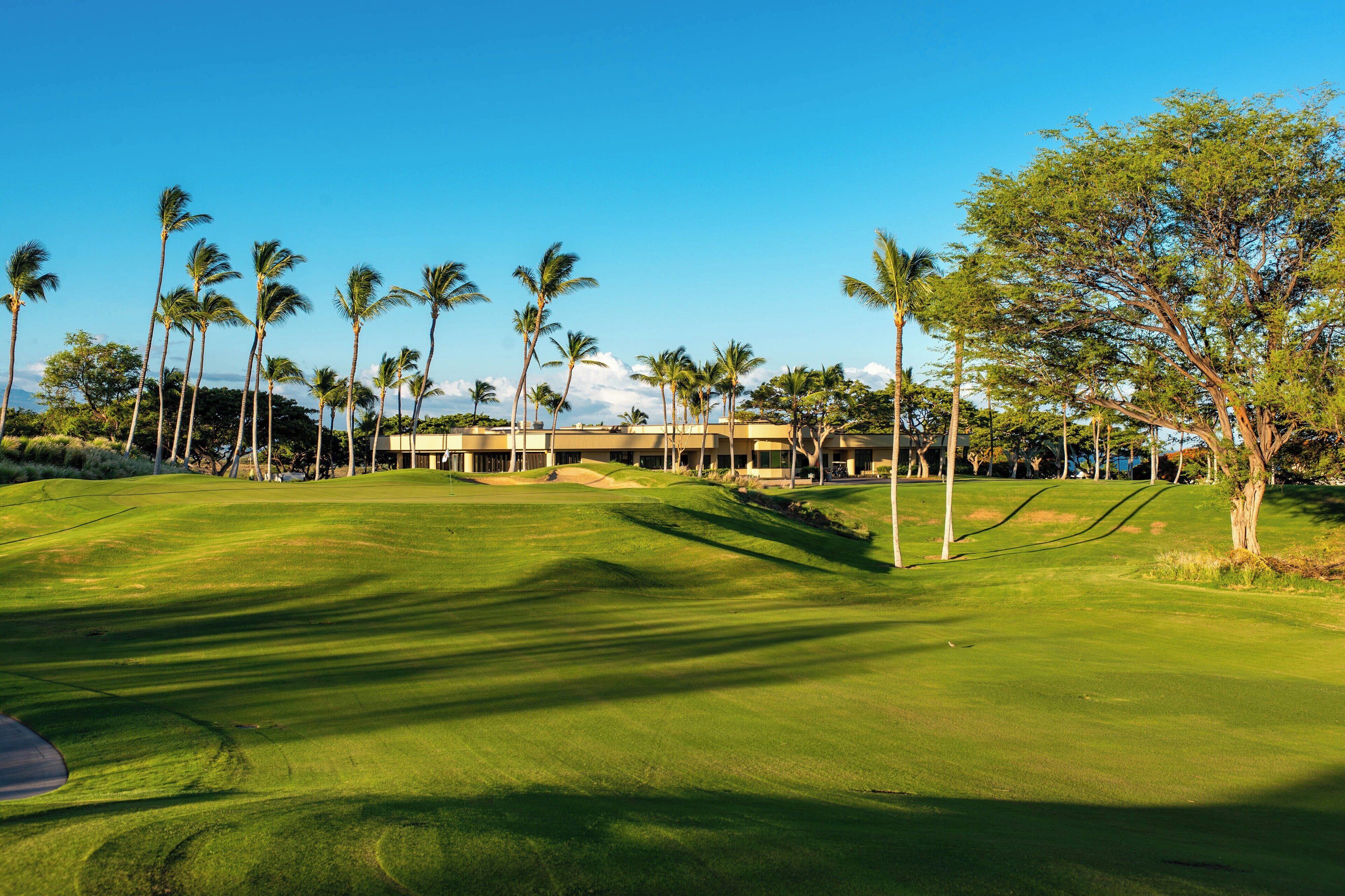 Un campo de golf con un club de campo, palmeras y un cielo azul despejado.