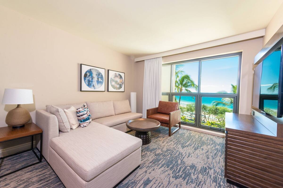 premier suite, ocean view, corner (balcony) | living area | lcd tv, pay films