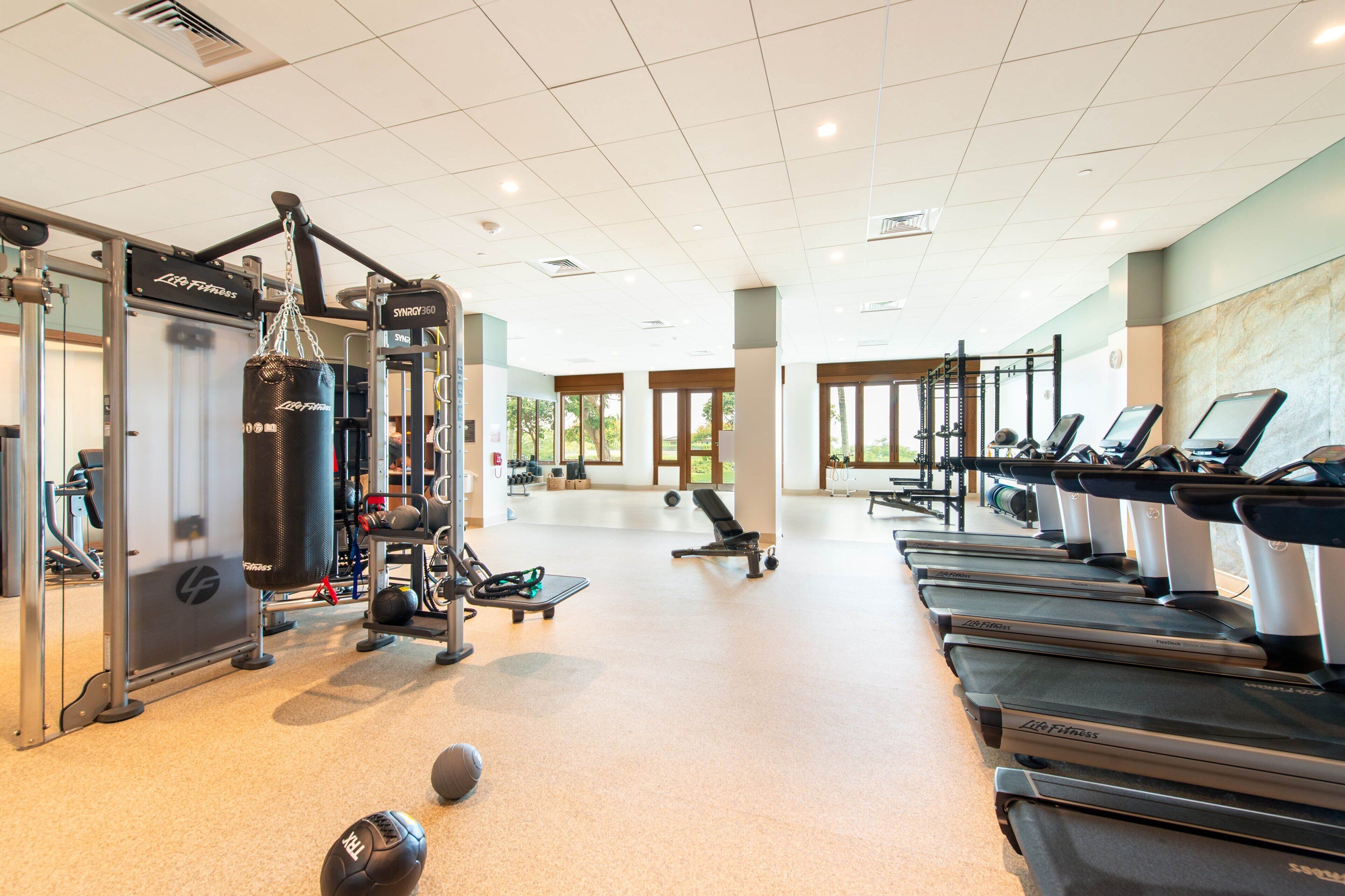 A gym with treadmills, weight machines, and a punching bag.