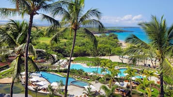 On the beach, sun loungers, beach umbrellas, beach towels