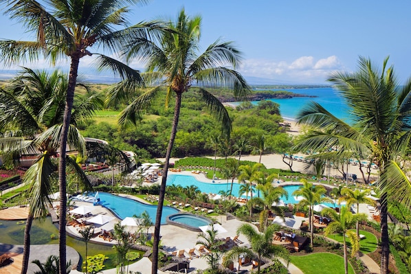 On the beach, sun loungers, beach umbrellas, beach towels